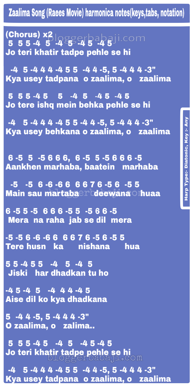 Zaalima Song (Raees Movie) hindi harmonica notes
