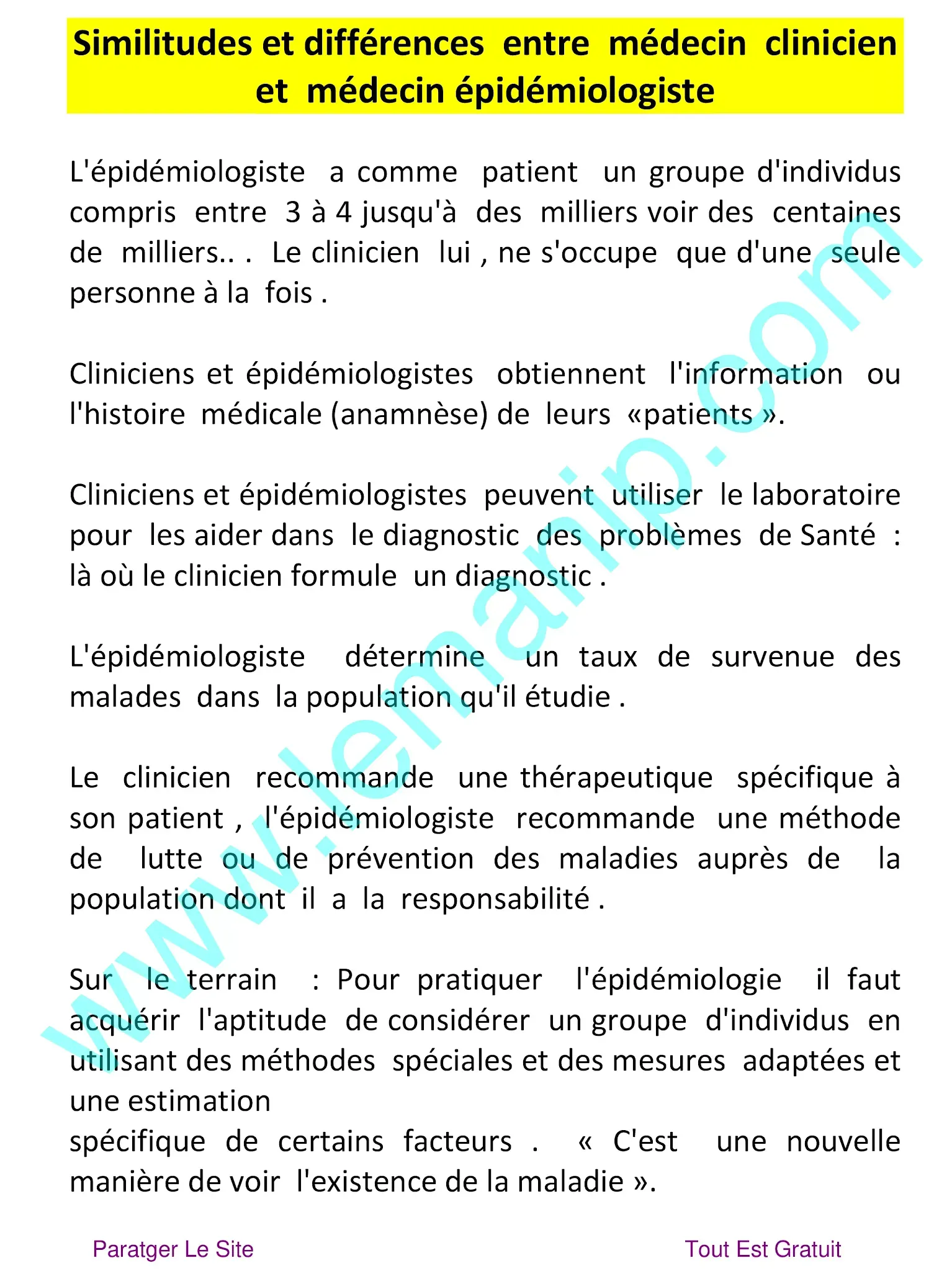 Similitudes et différences entre  médecin  clinicien et médecin épidémiologiste