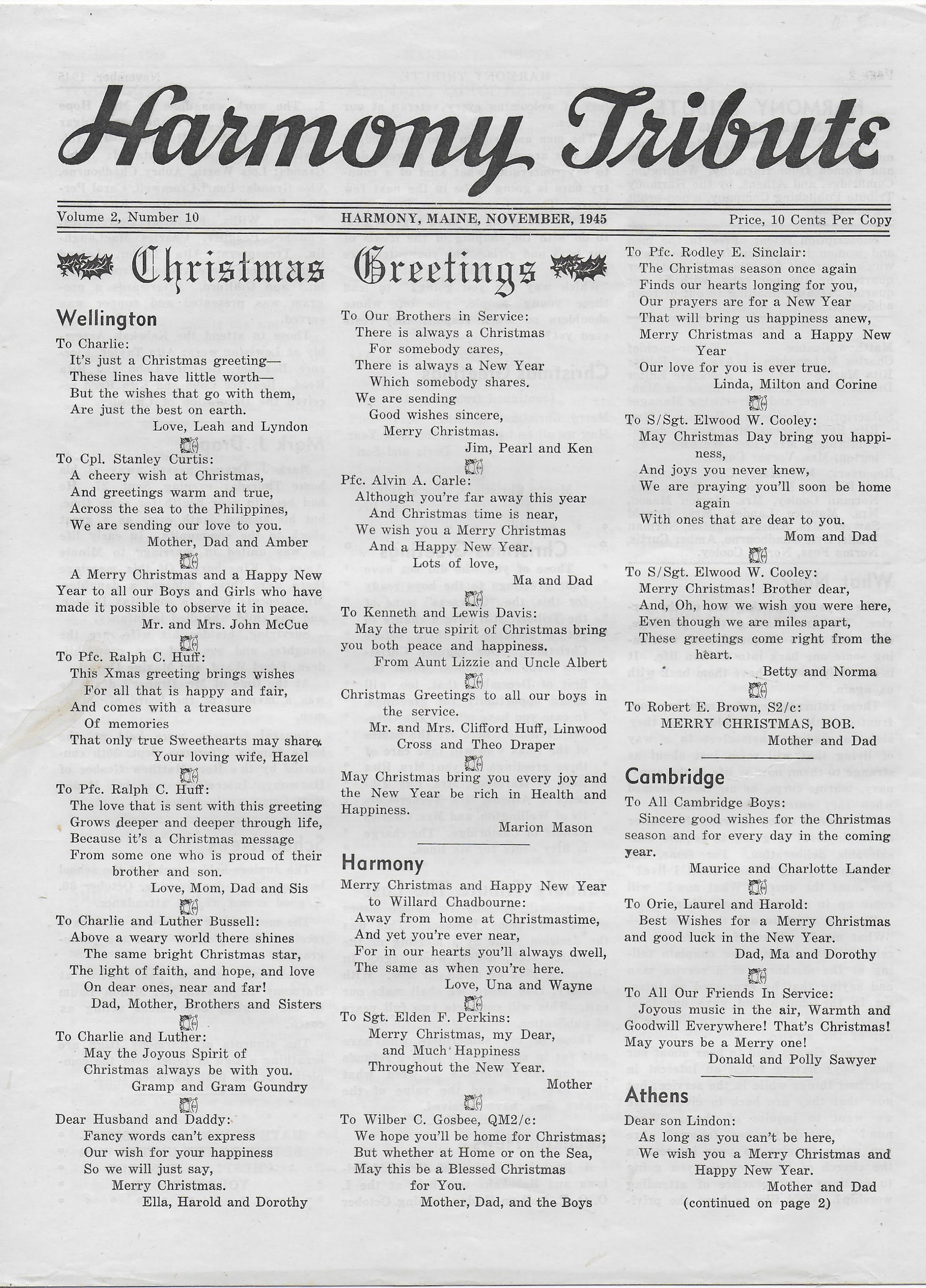 Heirlooms Reunited November 1945 Issue of the Harmony Tribute of