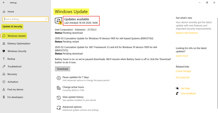 Windows Update & Beveiligingsinstellingen in Windows 10