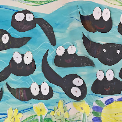 picture shows tadpoles made by school children for Bug Belly book