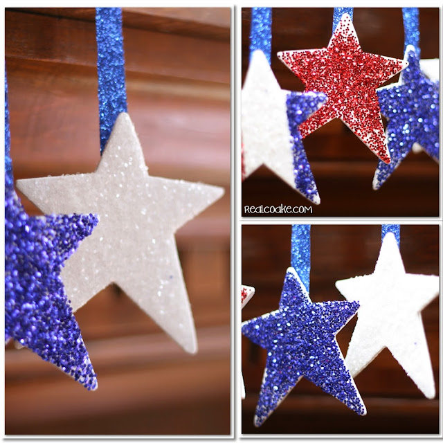 4th of July crafts ~ Simple to make patriotic glitter stars. So cute and so easy! #4thofJuly #Crafts #RealCoake