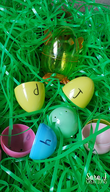 Alphabet match sensory bin is a simple spring bin for preschool or kindergarten that focuses on matching upper and lowercase letters.