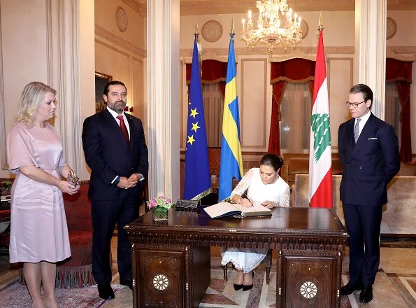 Crown Princess Victoria wore By Malina lace dress. Prime Minister Saad Hariri, at Grand Serail. Lebanese President Michel Aoun