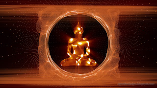 Abstract Buddha Meditating Position With Ring Of Red Golden Shine Plasma Background Design