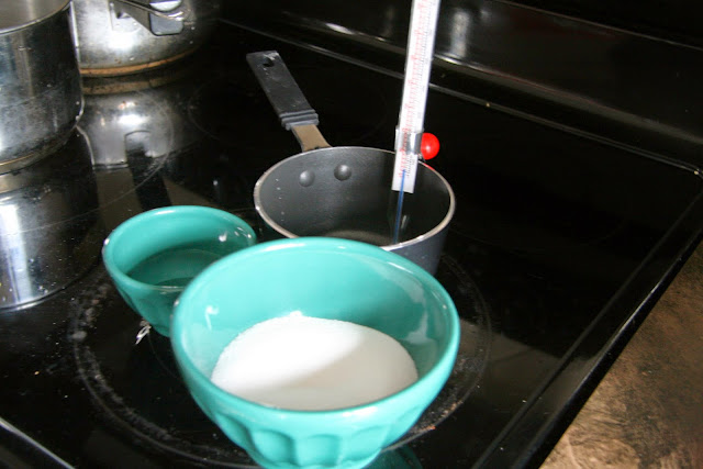 Making hot syrup - using a heavy bottom pot, thermometer, super fine sugar and water. 
