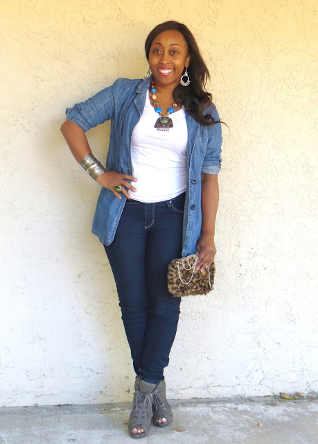 Outfit:Denim Blazer, Skinnies, and Open-Toe Booties