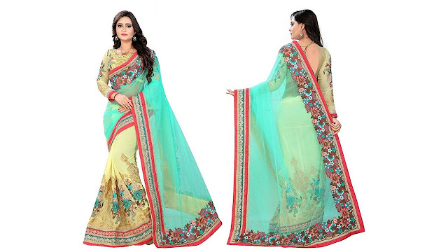 Dhanush Fashion Embroidered Fashion Georgette, Net Saree (Yellow, Green) Dhanush Fashion Embroidered Fashion Georgette, Net Saree (Yellow, Green)