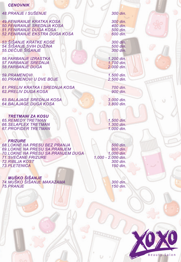 XOXO beauty salon Cenovnik