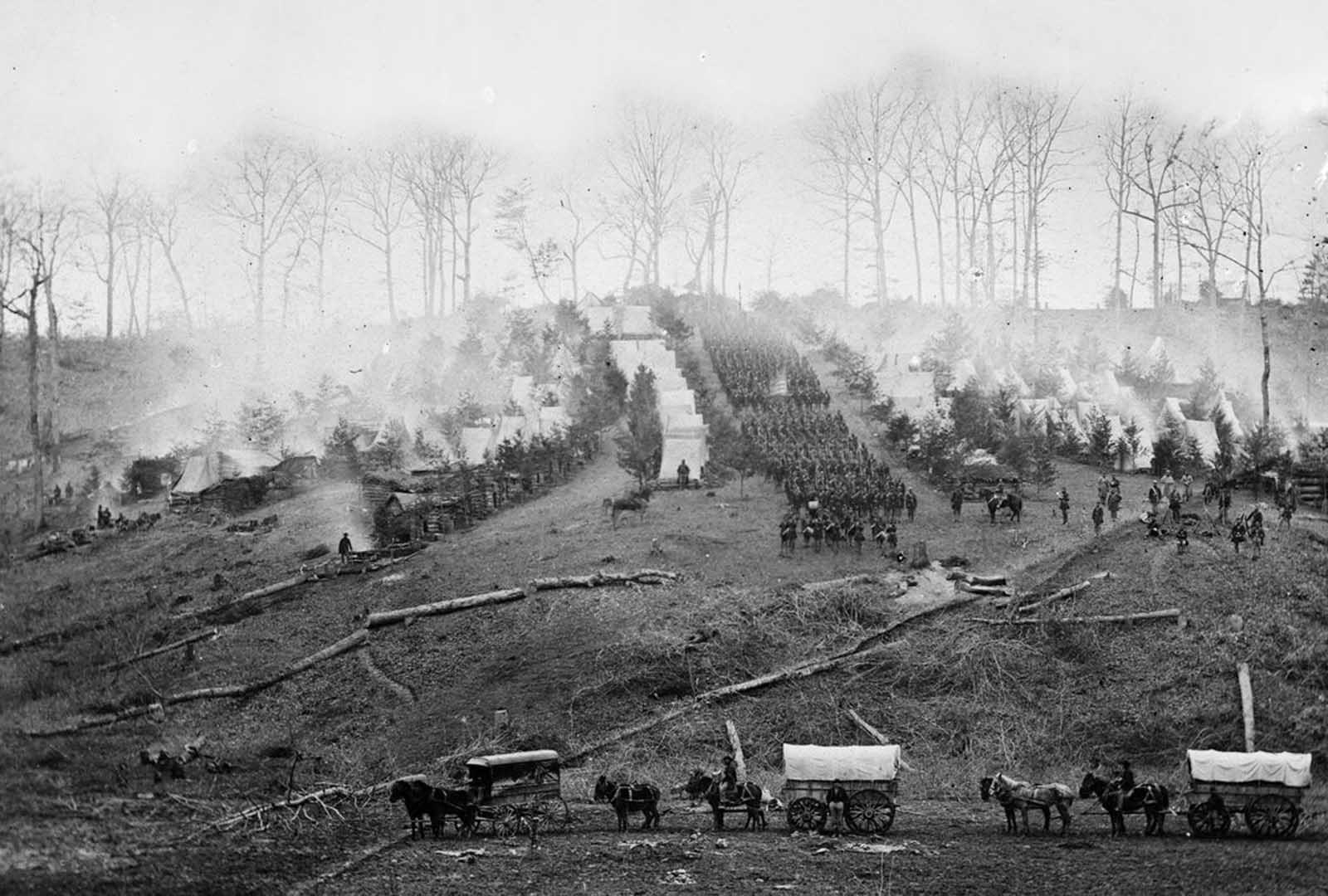 The 150th Pennsylvania Infantry camp on Belle Plain, Virginia, is pictured in March 1862, three weeks before the Battle of Chancellorsville.