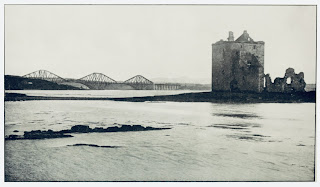 Photograph by Valentine & Sons of Rosyth Castle with newly constructed Forth Bridge in background