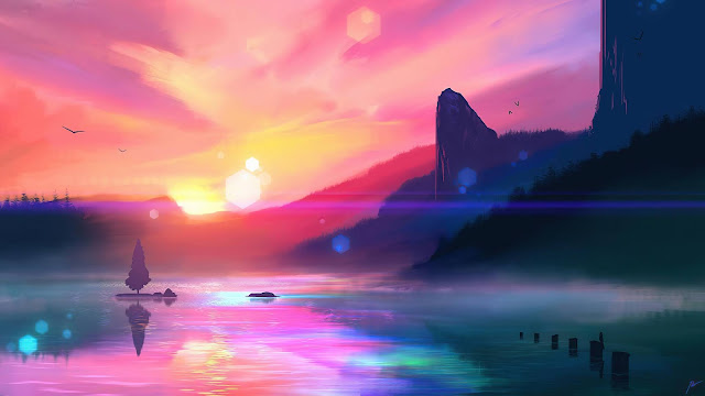 Pink clouds, sky, sunset, lake, mountain wallpaper