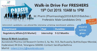 Aurobindo Pharma Ltd Walk-In Drive for Freshers on 19th Oct 2019