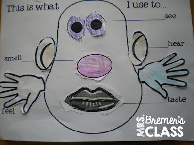 Five Senses learning ideas and fun activities with resources for teaching the 5 senses in Kindergarten- love the Potato Head craftivity! #fivesenses #5senses #kindergarten #kindergartenscience #science