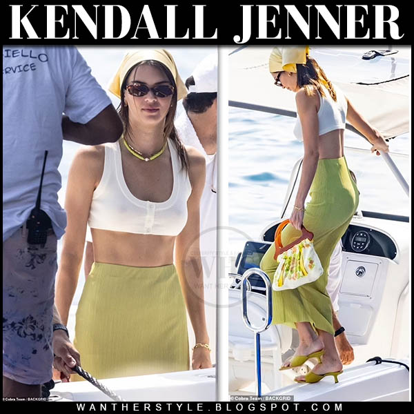 Kendall Jenner in white crop top and green skirt in Italy on