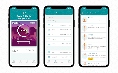 Source: Thakaa Technologies. Screenshots of the Sajdah app showing time to the next prayer, a list of the prayers for the day, and instructions on how to pray the fajr prayer..
