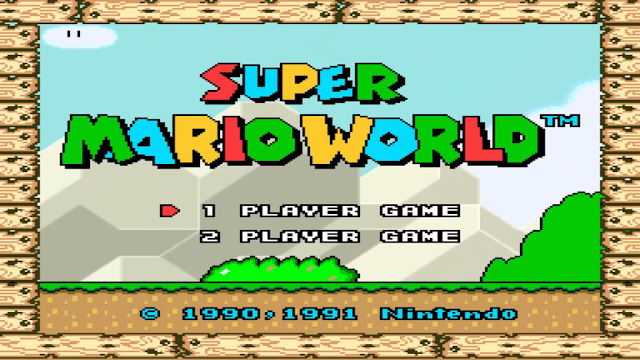 A picture of the title screen for super mario world