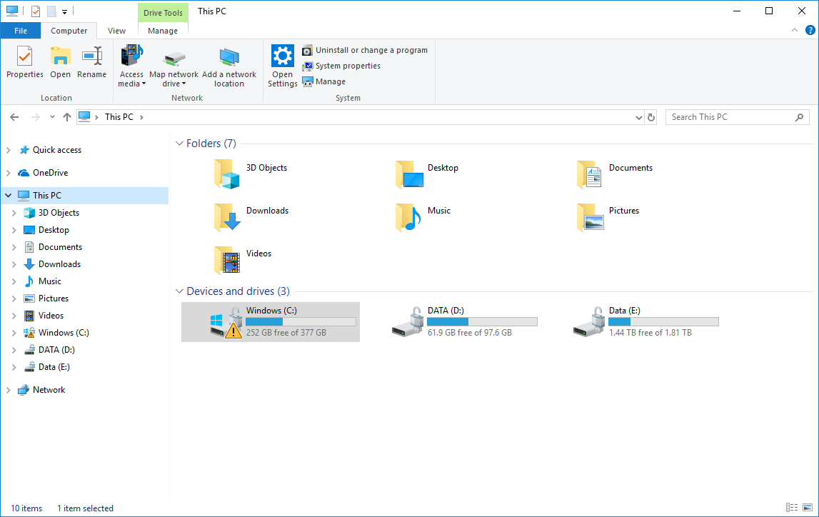 Yellow exclamation mark on C drive on Windows 10
