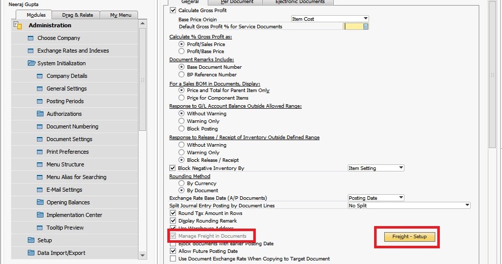 SAP Business One Knowledge Manage Freight Charges in Purchasing Document