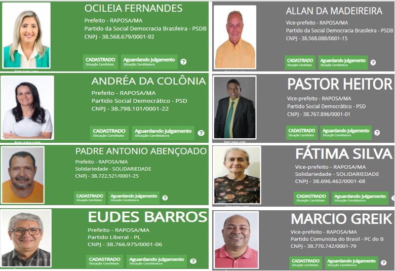 RAPOSA: Os candidatos a prefeito e a vereador registrados para concorrerem as eleições de 15 de novembro