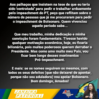 A deputada estadual Janaina Paschoal (PSL-SP) usou as redes sociais neste domingo (18) para rebater as críticas que vem recebendo dos opositores do presidente Jair Bolsonaro.