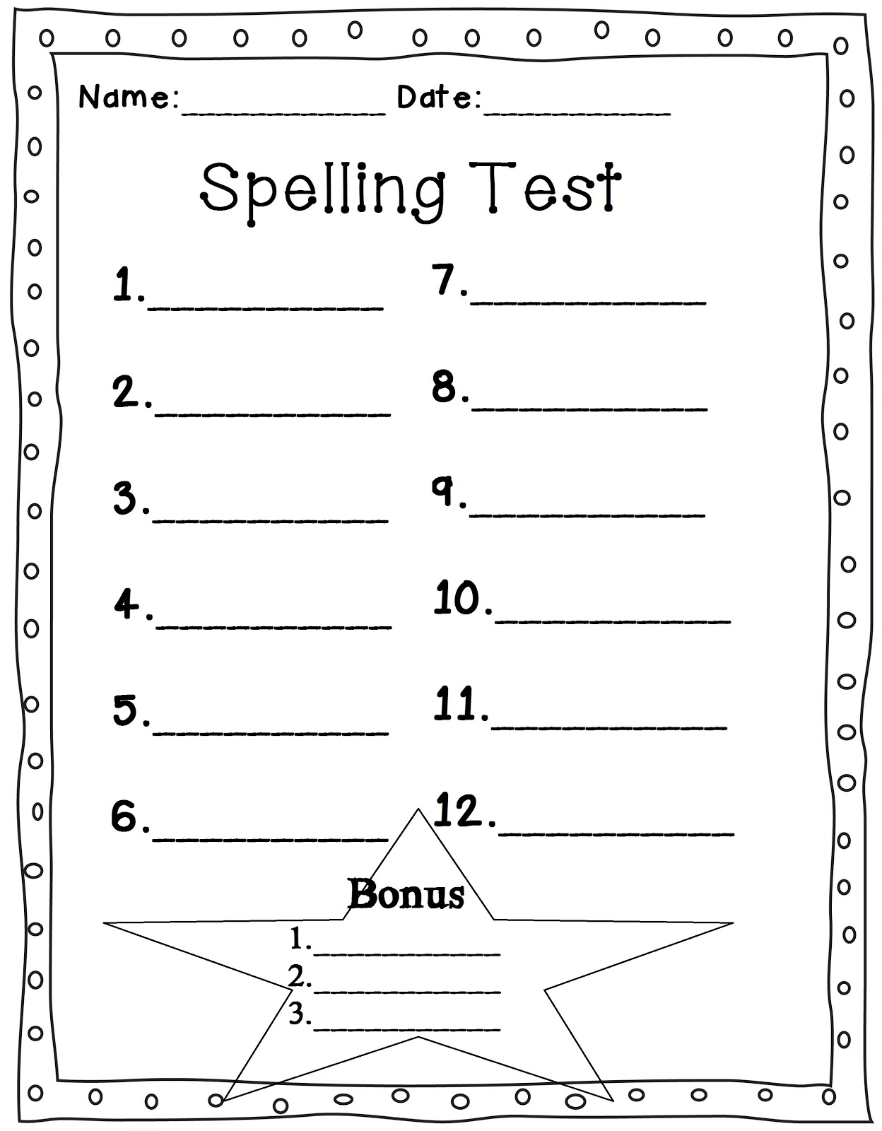 Mrs. Glover's First Grade Owls: Spelling Test Sheet