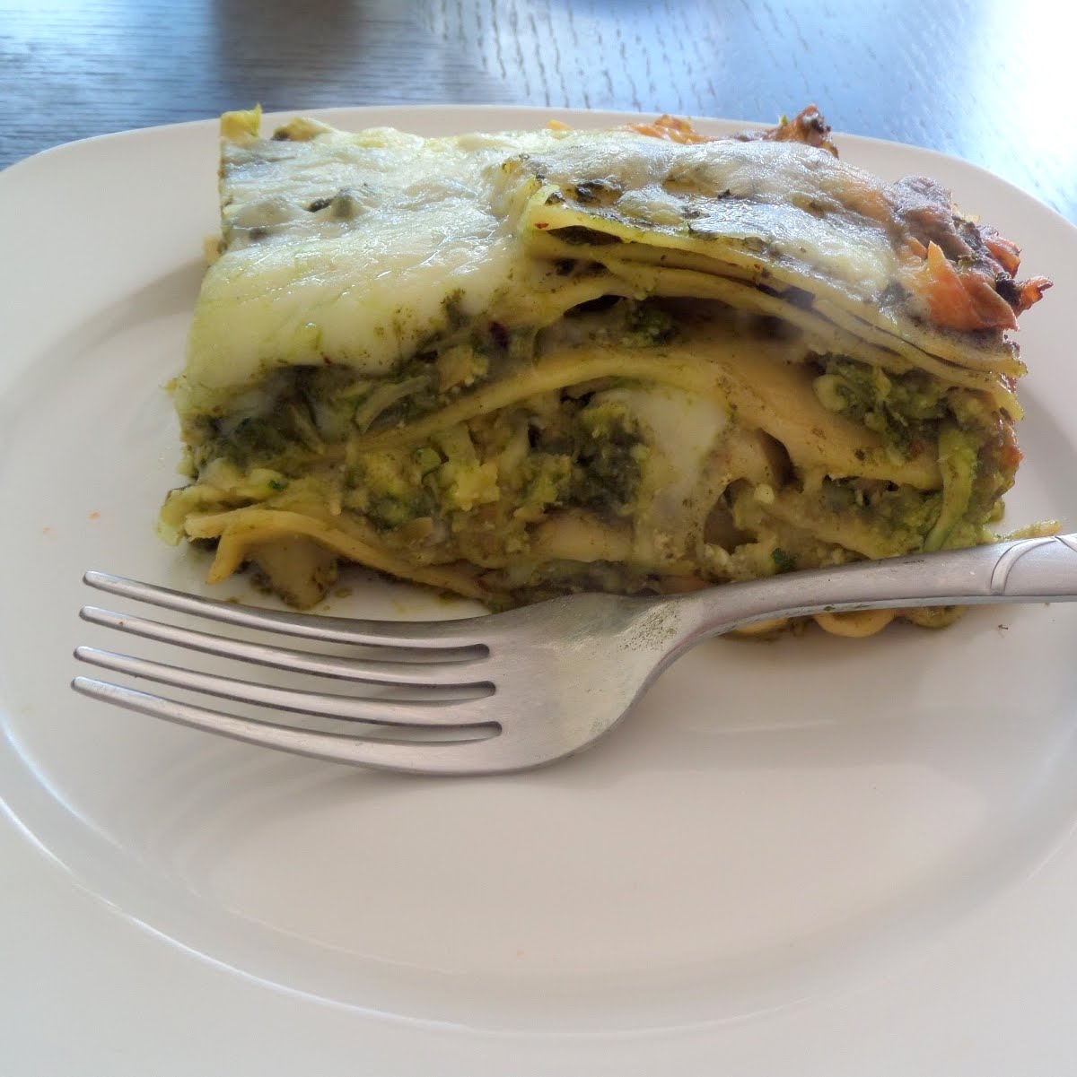 Green Lasagna:  A meatless lasagna layered with green vegetables, cheese, chickpeas, and pesto.