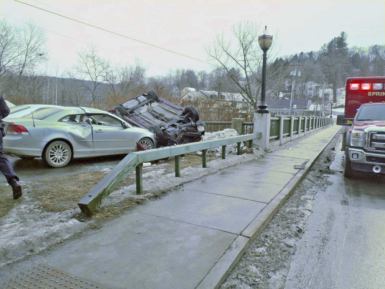 Springfield Vermont News Teen hits guardrail, flips car on Main Street