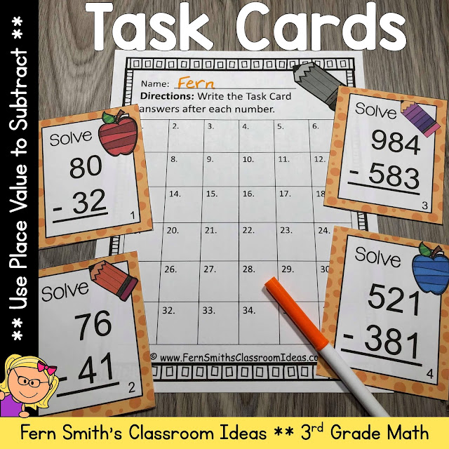 Teaching How to Use Place Value to Subtract Including Lesson Plans, Centers, Task Cards, Color By Numbers & More Resources. #FernSmithsClassroomIdeas