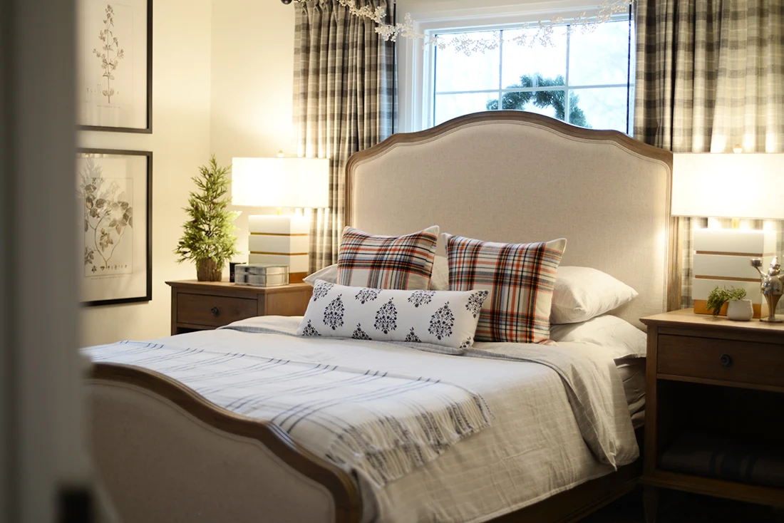 plaid curtains, plaid pillows, stiped flannel bedding