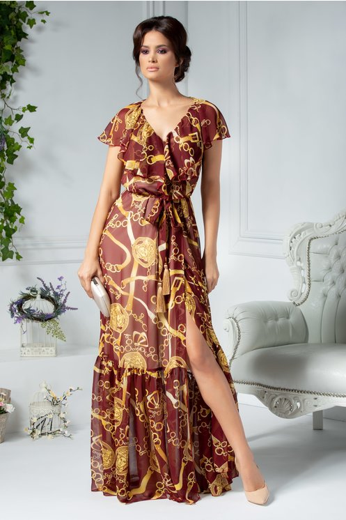 Rochie Ladonna bordo lunga petrecuta cu imprimeu galben Rochie Ladonna bordo lunga petrecuta cu imprimeu galben