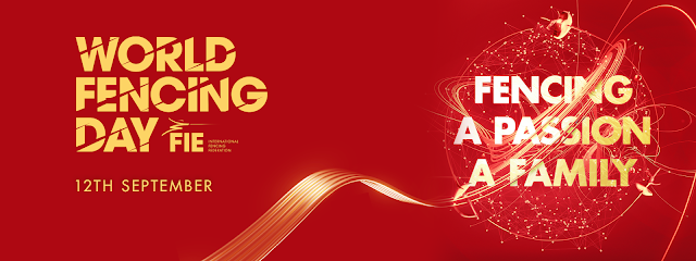 Horizontal image of warm yellow text on a red/orange background. On the left left: 'World fencing day, FIE (international fencing federation) 12th September' with a swoosh graphic running from left to right and connecting with a graphic on the right that has the words 'Fencing a passion a family' in the midst of a swirl of abstract lines and contained within a border made up of a foil, epee and sabre curved around into a circle