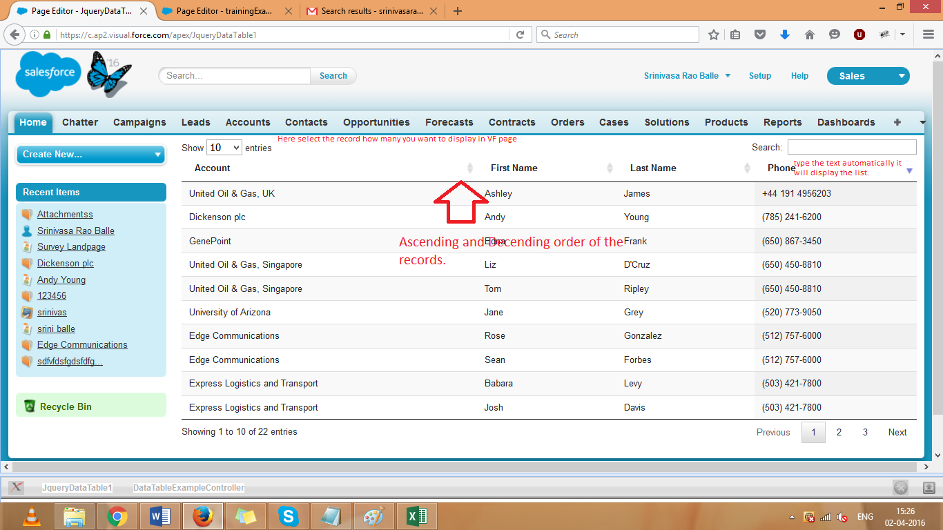 Jquery Data tables in Visualforce pages. Salesforce Tutorials