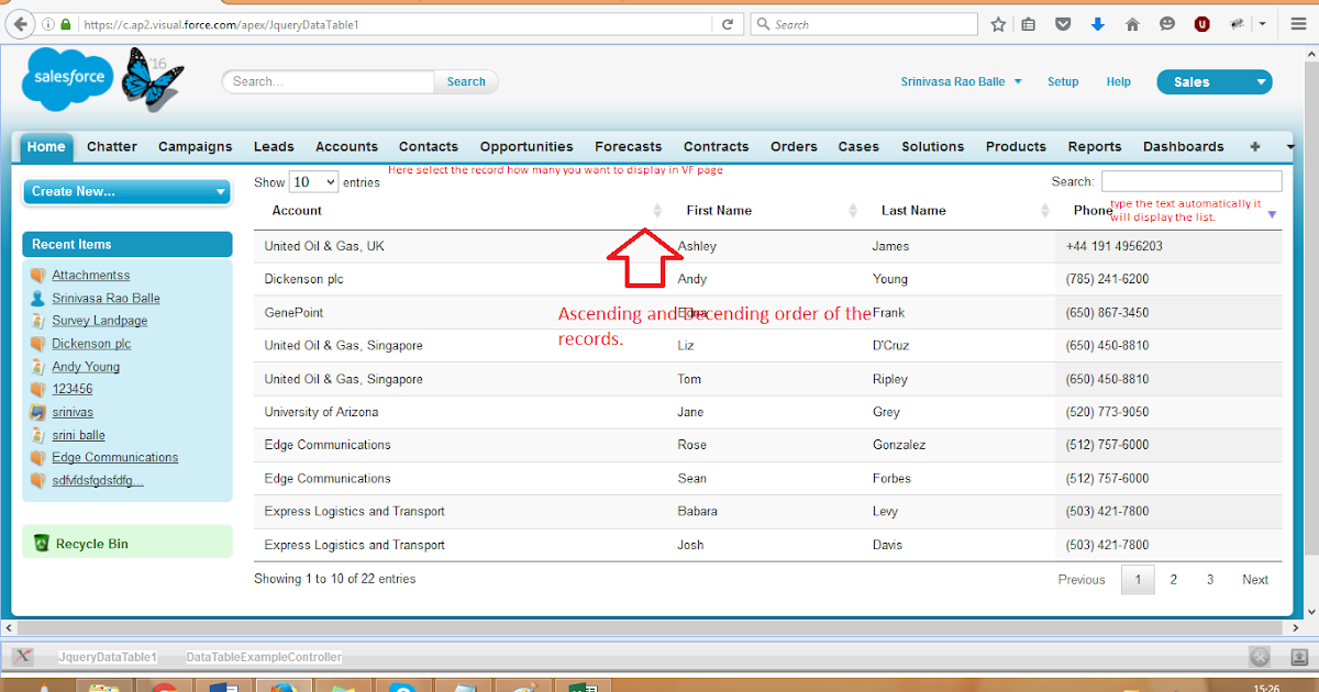Jquery Data tables in Visualforce pages. Salesforce Tutorials
