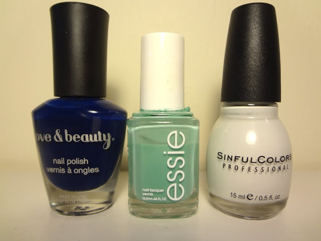 essie turquoise & caicos, snow me white, navy polish