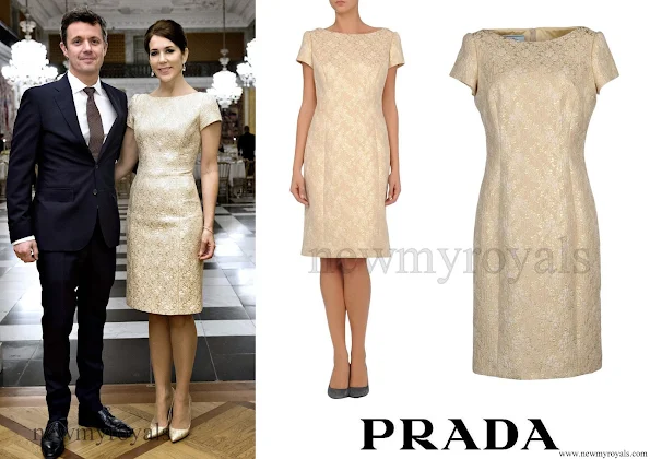 Crown Prince Frederik and Crown Princess Mary hosted a gala dinner at Christiansborg palace in Copenhagen Crown Princess Mary wore Prada Short Lace Dress in Beige
