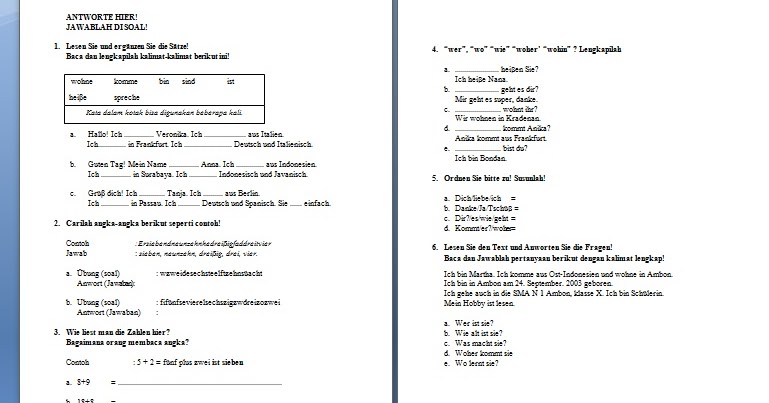 Soal Bahasa Jerman Perkenalan (Kelas X Sem 1) SOAL JERMAN Soal Bahasa Jerman Perkenalan (Kelas X Sem 1) SOAL JERMAN