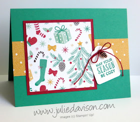 Stampin' Up! Presents & Pinecones Christmas Card with Mini Pincones + Stitched with Cheer Tag www.juliedavison.com