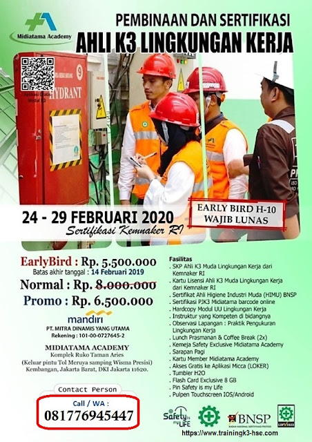 Ahli K3 Muda Lingkungan Kerja tgl. 24-29 Februari 2020 di Jakarta
