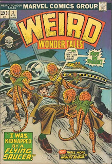 Weird Wonder Tales 2 cover: scaly little aliens drag man toward flying saucer