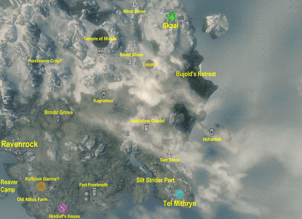 map pf central and eastern Solstheim with placenames from Skaal to Hrodulf's House