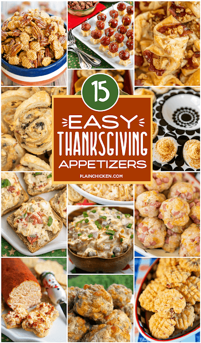 15 Easy Thanksgiving Appetizers - something for everyone at your holiday table. Can make all of the recipes ahead of time and bake or reheat on Thanksgiving day. Makes the holiday stress-free. #thanksgiving #appetizer #partyfood collage of 15 appetizer recipes