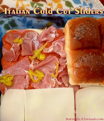 Italian Cold Cut Sliders, mini cold cut sandwiches with big flavor. Great for lunch, dinner, or tailgating. | recipe developed by www.BakingInATornado.com | #recipe #sandwich