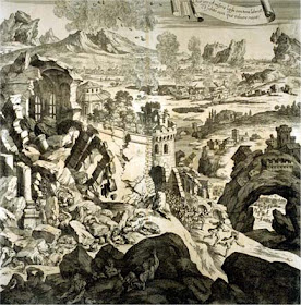 An engraving dated at 1696 is thought to depict ruined buildings in Catania after the 1693 earthquake