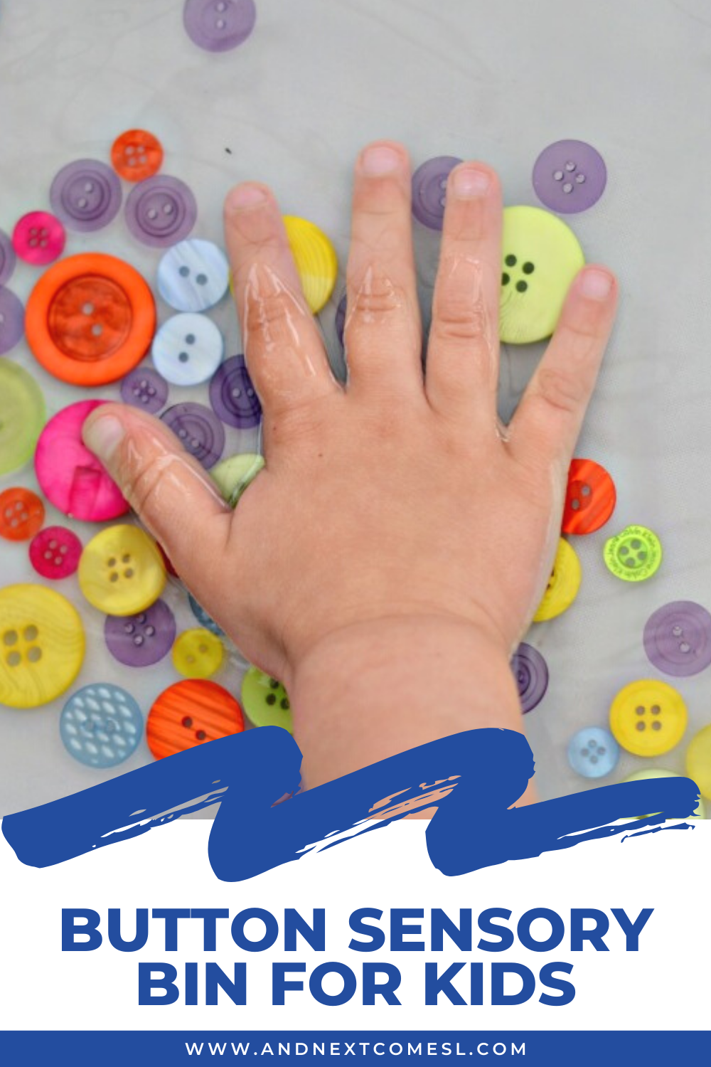 Colorful button sensory bin activity for toddlers and preschoolers