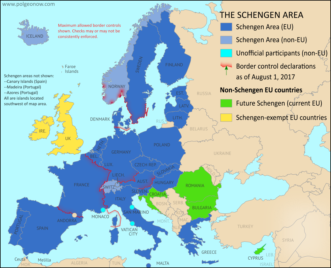 Schengen borders map showing temporary reintroduction of border controls in the Schengen Area (the European Union's border-free travel zone) as of August 2017, showing internal Schengen borders closed to passport-free travel in the period after the election of French President Emmanual Macron.