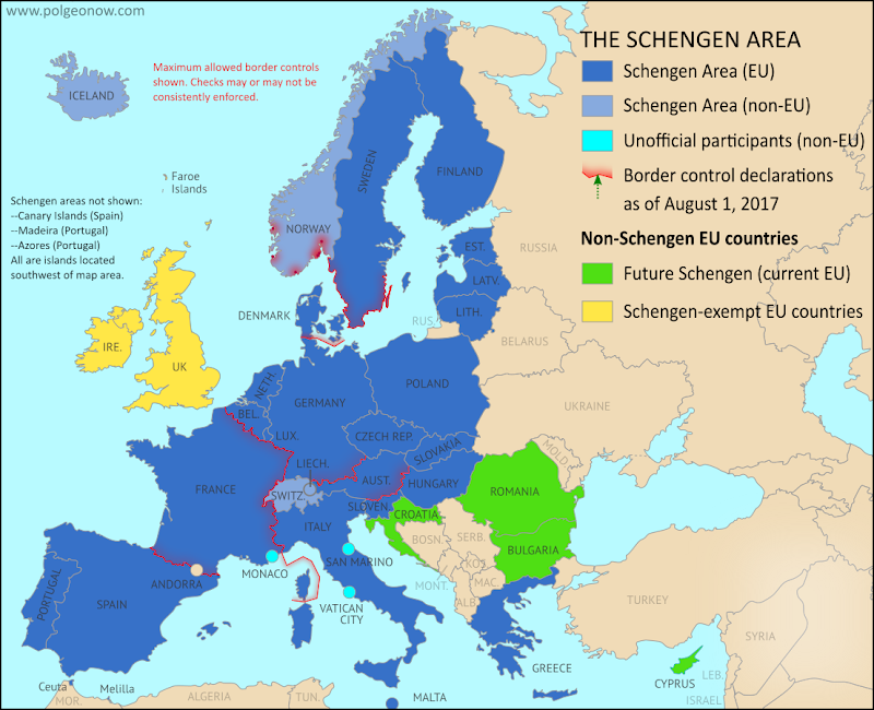 Schengen borders map showing temporary reintroduction of border controls in the Schengen Area (the European Union's border-free travel zone) as of August 2017, showing internal Schengen borders closed to passport-free travel in the period after the election of French President Emmanual Macron.