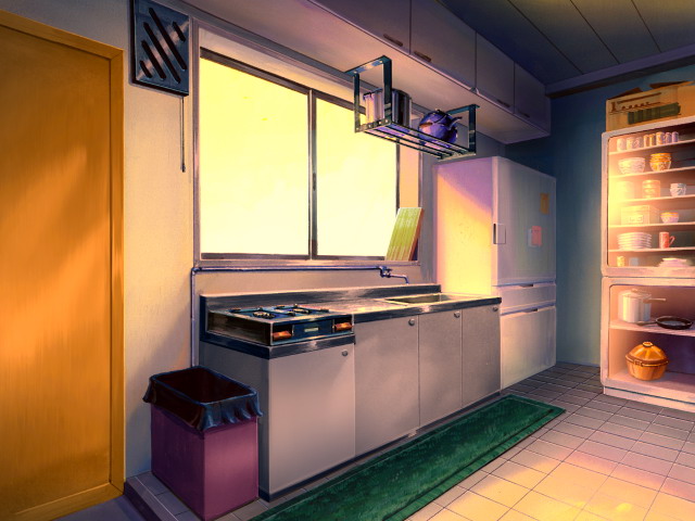Anime Landscape: Anime Simple Kitchen Background (day, sunset & night)
