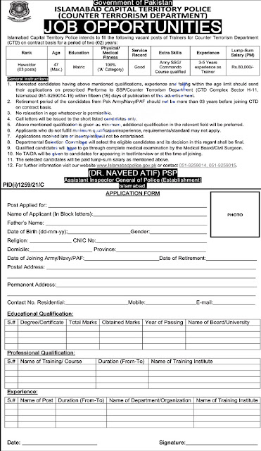 Islamabad Police Jobs 2021 – Counter Terrorism Department CTD Jobs Apply form