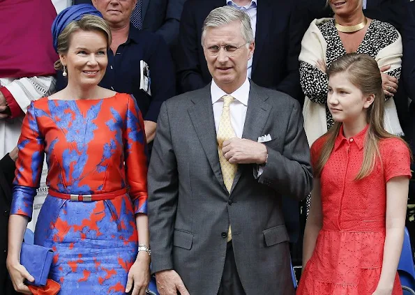 Queen Mathilde, King Philippe and Crown Princess Elisabeth atCoronation Celebrations (Kroningsfeesten) in Tongeren. Wore Natan Dress